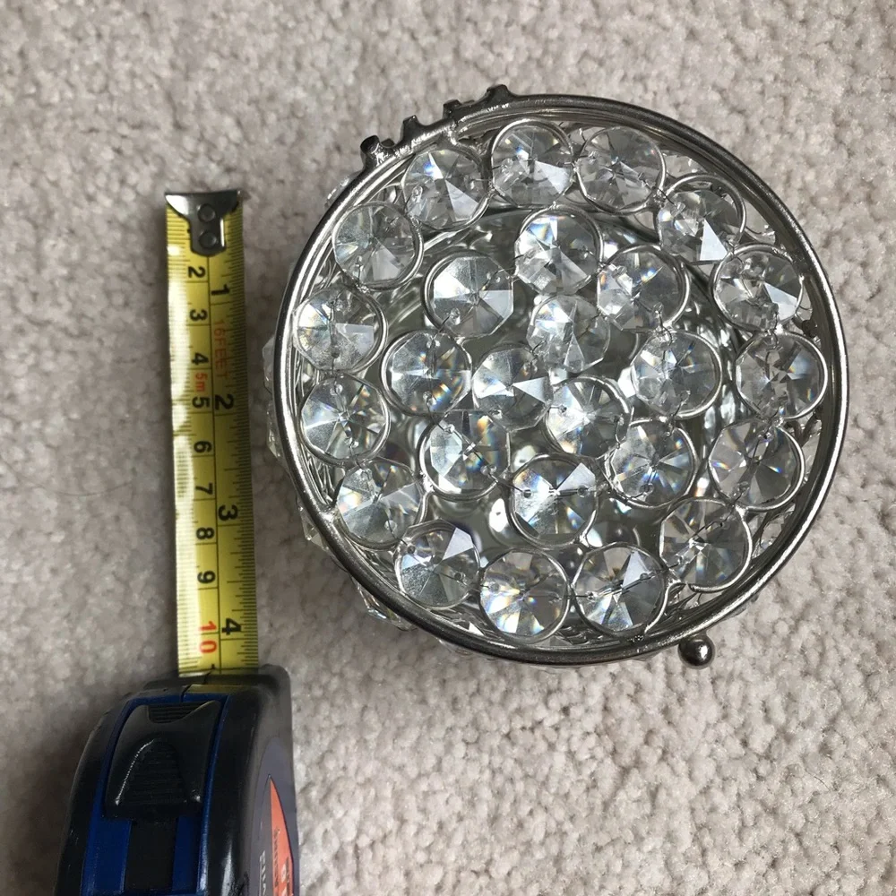 Vintage Silver Toned Rhinestone Round jewelry Box 4